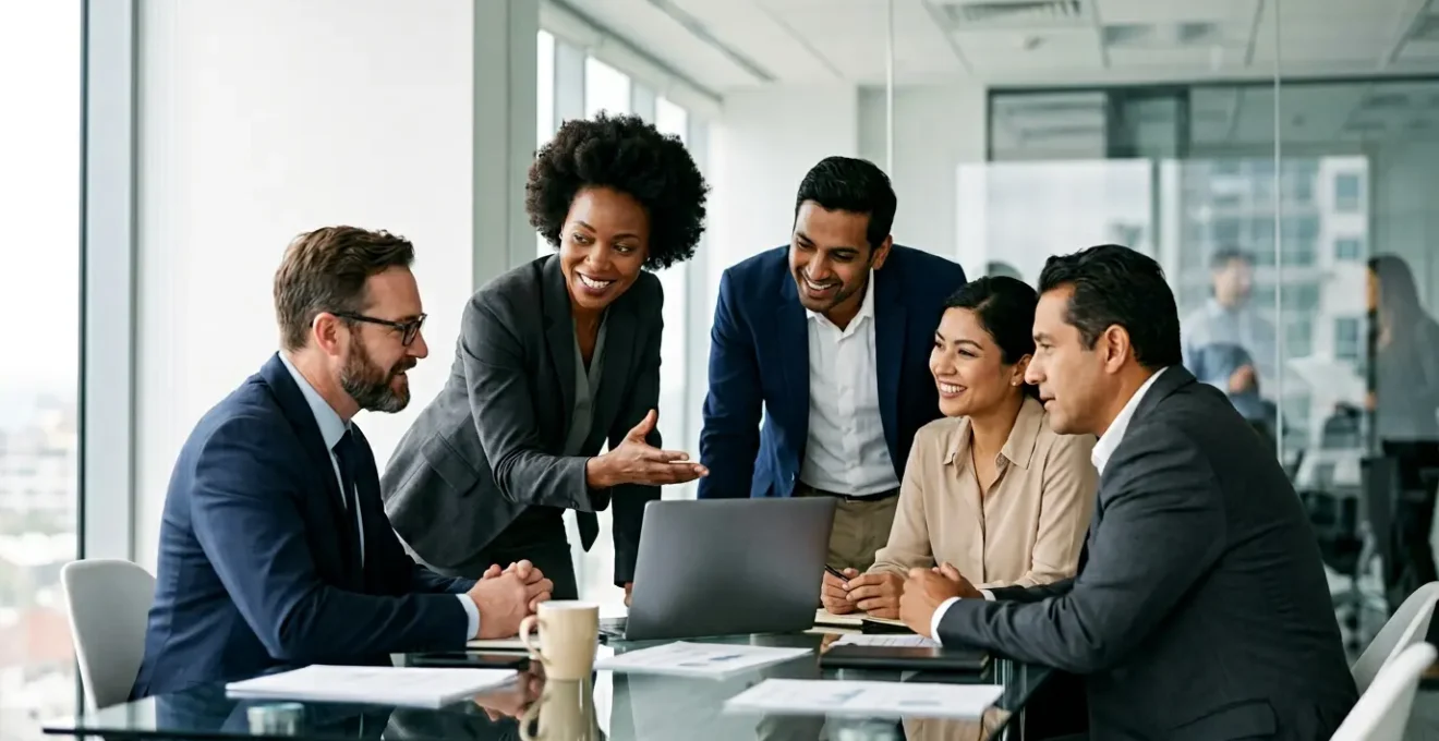 Scena di team aziendale che collabora durante processo di integrazione aziendale