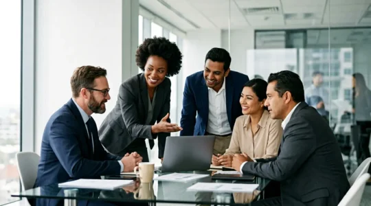 Scena di team aziendale che collabora durante processo di integrazione aziendale