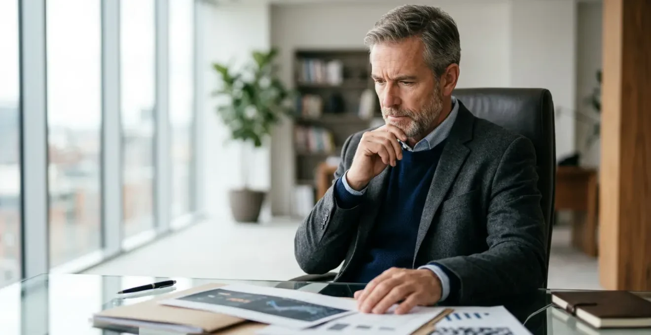 Dirigente acquisti che esamina documenti strategici in ambiente professionale