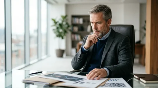 Dirigente acquisti che esamina documenti strategici in ambiente professionale