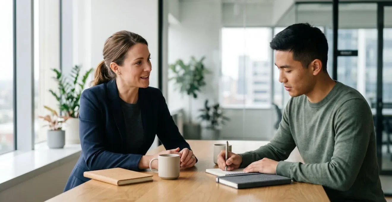 Manager e dipendente in conversazione professionale costruttiva su feedback e sviluppo