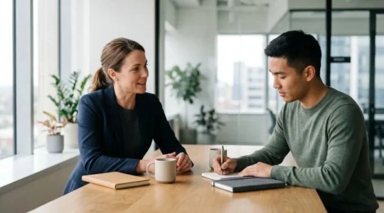 Manager e dipendente in conversazione professionale costruttiva su feedback e sviluppo