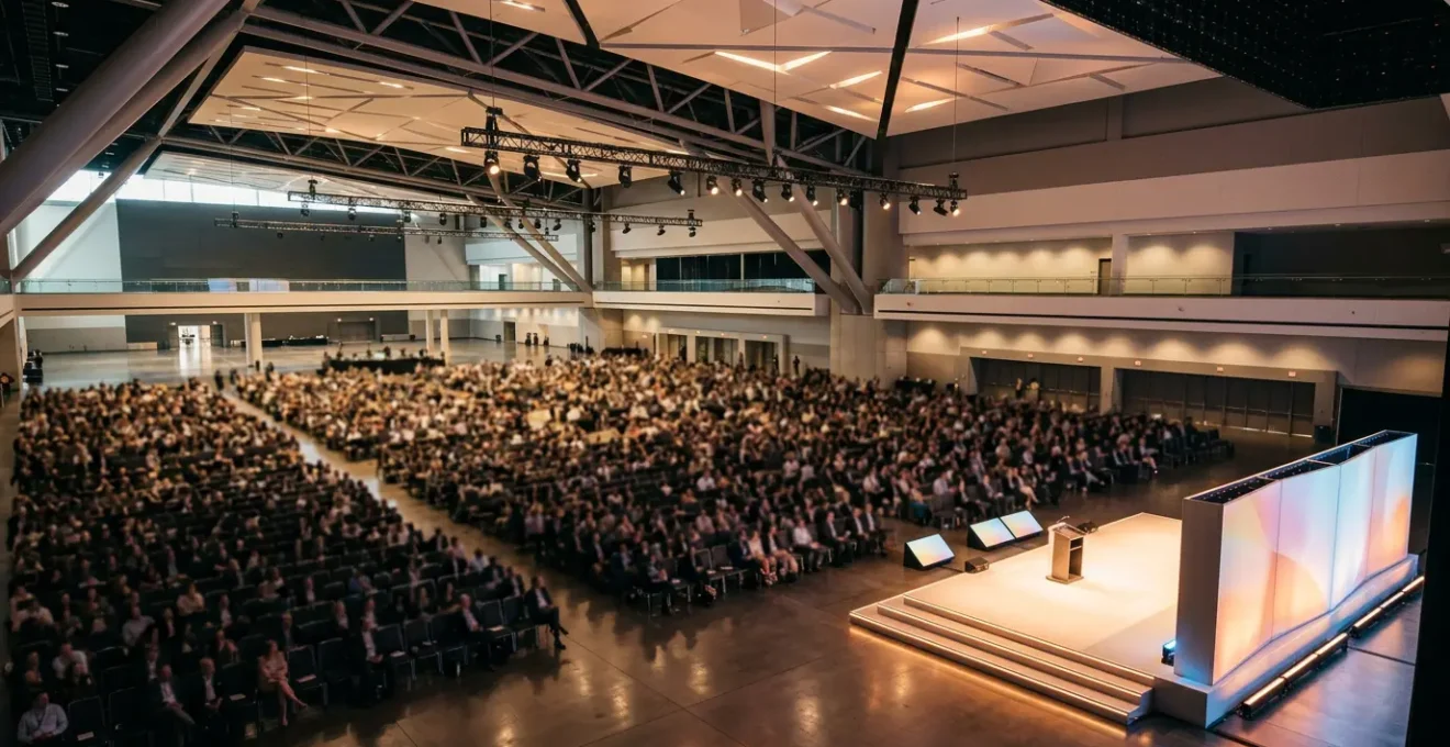 Vista dall'alto di un evento aziendale con illuminazione professionale e setup scenografico