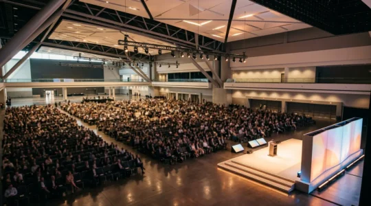 Vista dall'alto di un evento aziendale con illuminazione professionale e setup scenografico