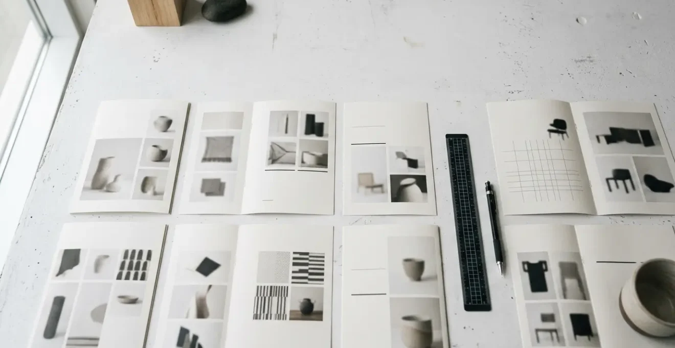 Composizione editoriale che mostra l'armonia tra griglie strutturate e spazi bianchi nell'impaginazione di cataloghi prodotti di alta qualità