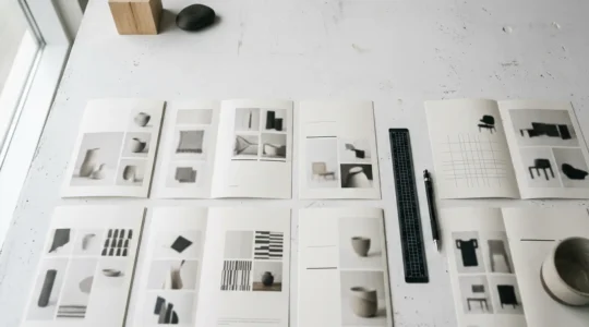 Composizione editoriale che mostra l'armonia tra griglie strutturate e spazi bianchi nell'impaginazione di cataloghi prodotti di alta qualità