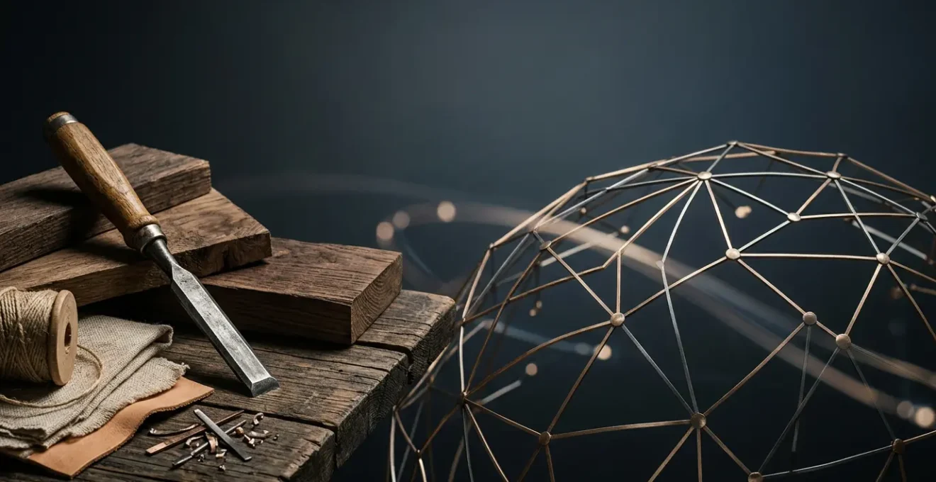 Composizione concettuale che rappresenta l'identità di marca artigianale con elementi simbolici di autenticità e scala globale