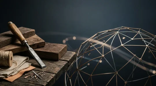 Composizione concettuale che rappresenta l'identità di marca artigianale con elementi simbolici di autenticità e scala globale