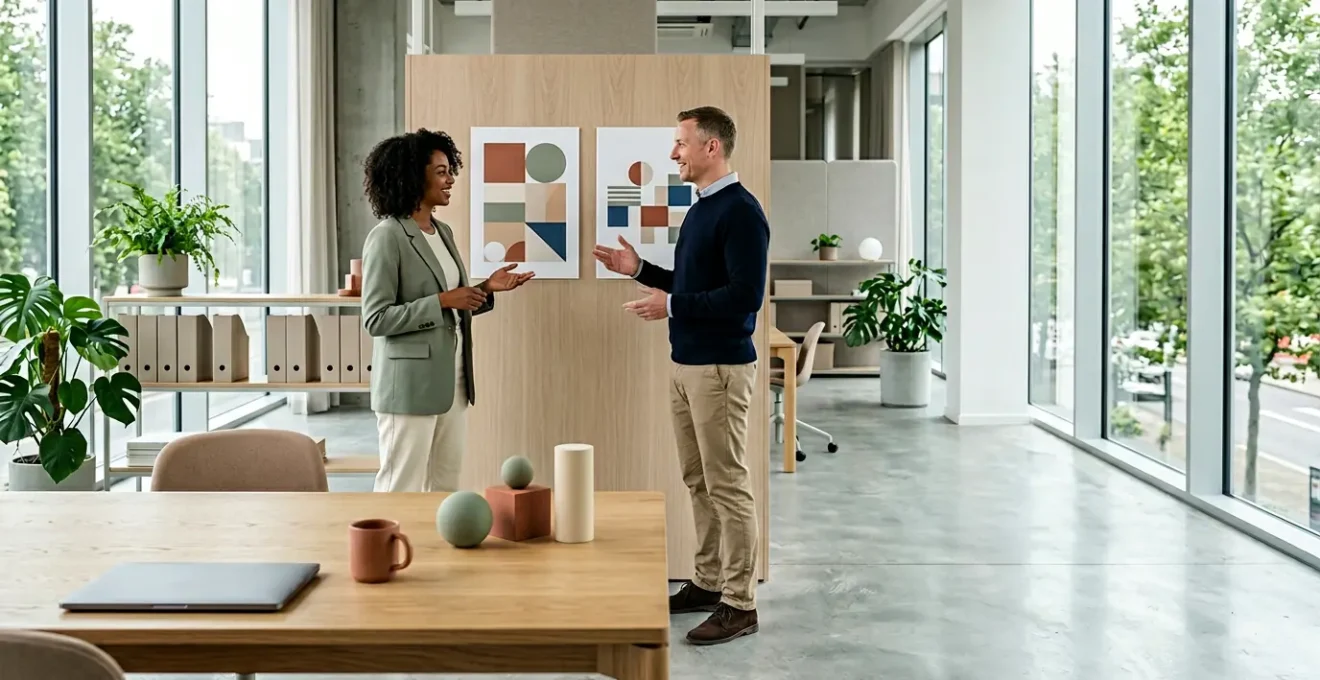 Ambiente di lavoro moderno con team marketing e vendite che collaborano alla gestione di risorse grafiche digitali