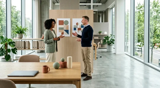 Ambiente di lavoro moderno con team marketing e vendite che collaborano alla gestione di risorse grafiche digitali