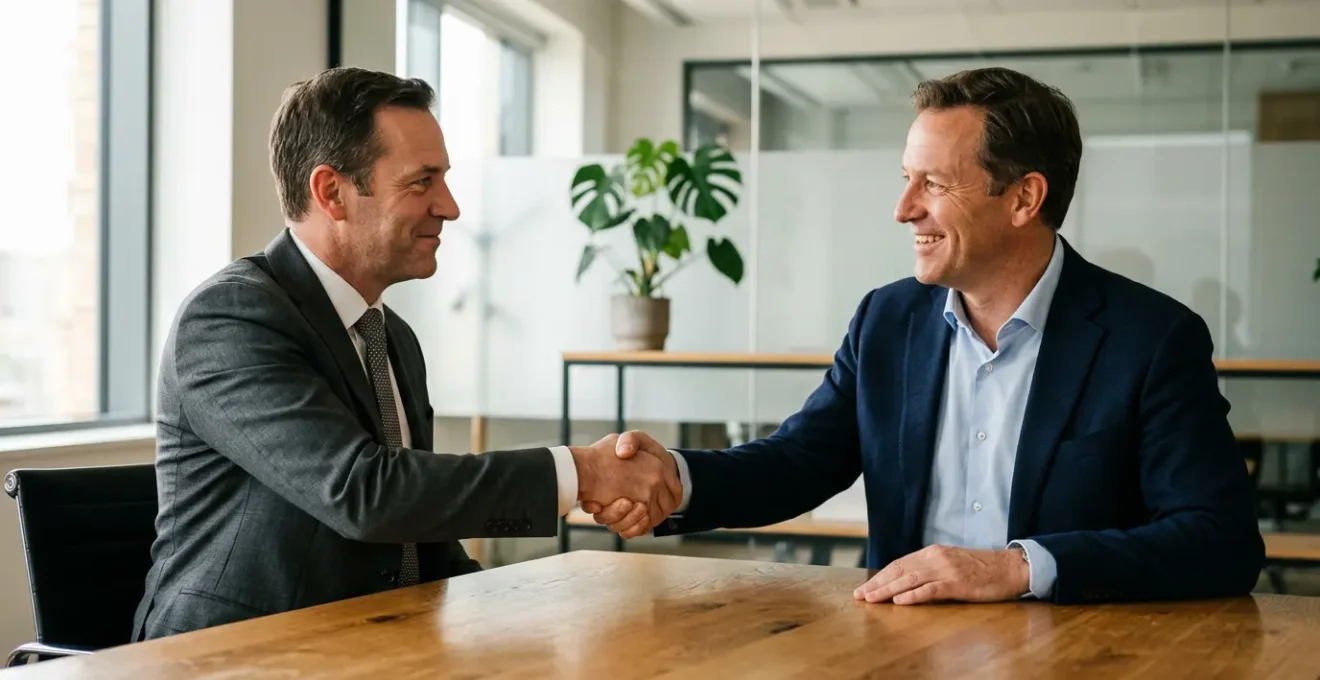 Due professionisti si stringono la mano in segno di riconciliazione professionale dopo una crisi aziendale