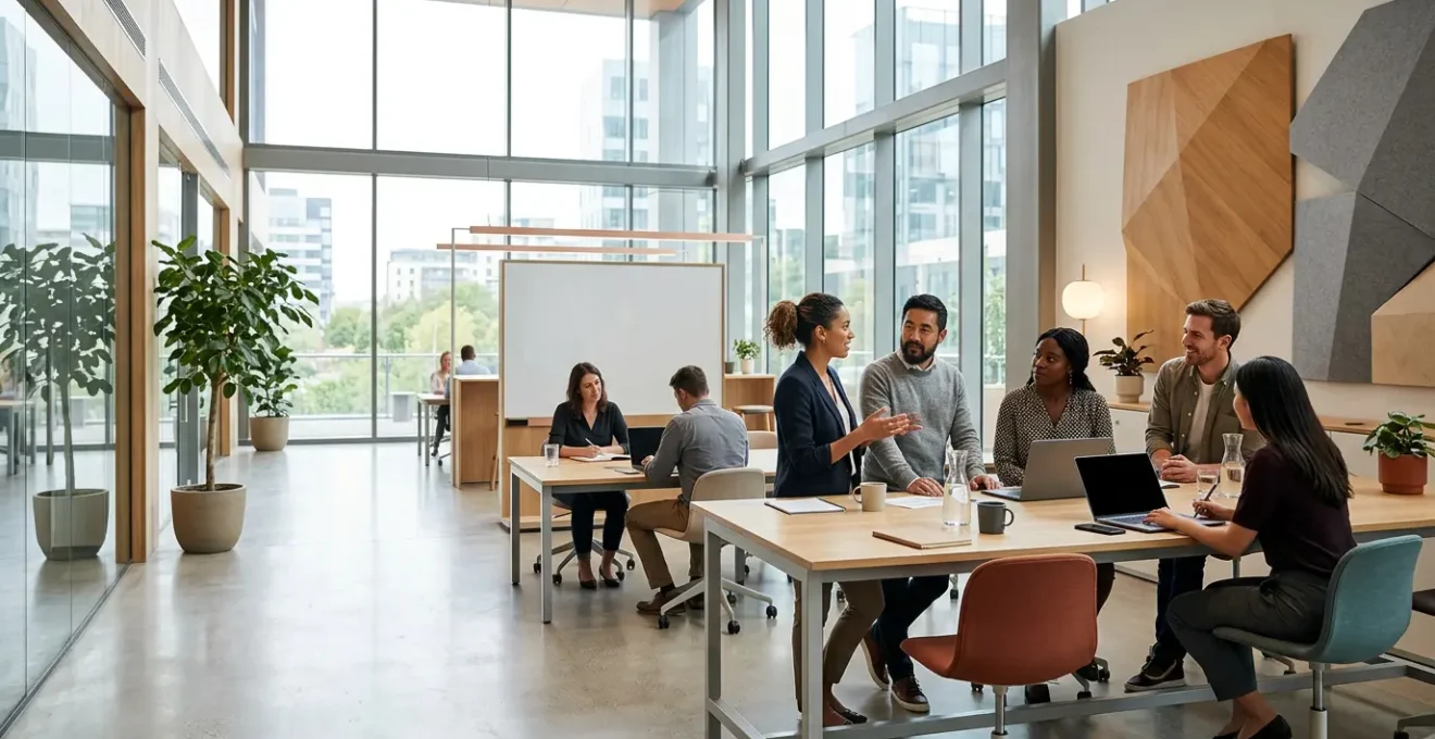 Ambiente di lavoro collaborativo con persone che utilizzano dispositivi moderni per connettersi