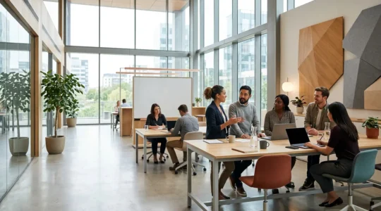 Ambiente di lavoro collaborativo con persone che utilizzano dispositivi moderni per connettersi