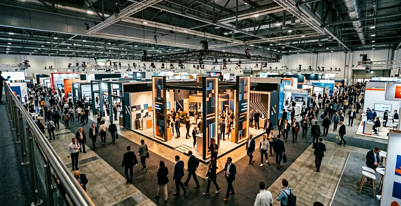 Ambiente fieristico con stand posizionato in zona laterale che attira visitatori attraverso elementi sospesi e illuminazione strategica