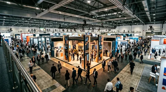 Ambiente fieristico con stand posizionato in zona laterale che attira visitatori attraverso elementi sospesi e illuminazione strategica
