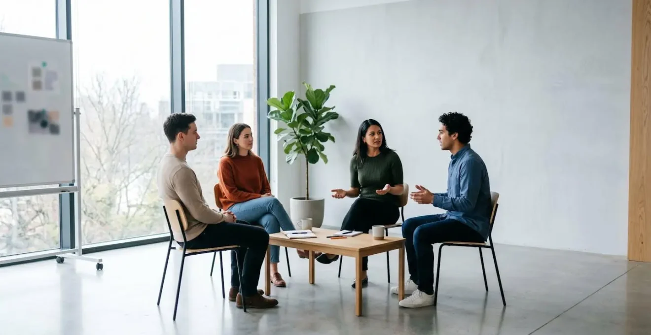 Ambiente di lavoro aperto dove dipendenti condividono feedback costruttivo con il manager