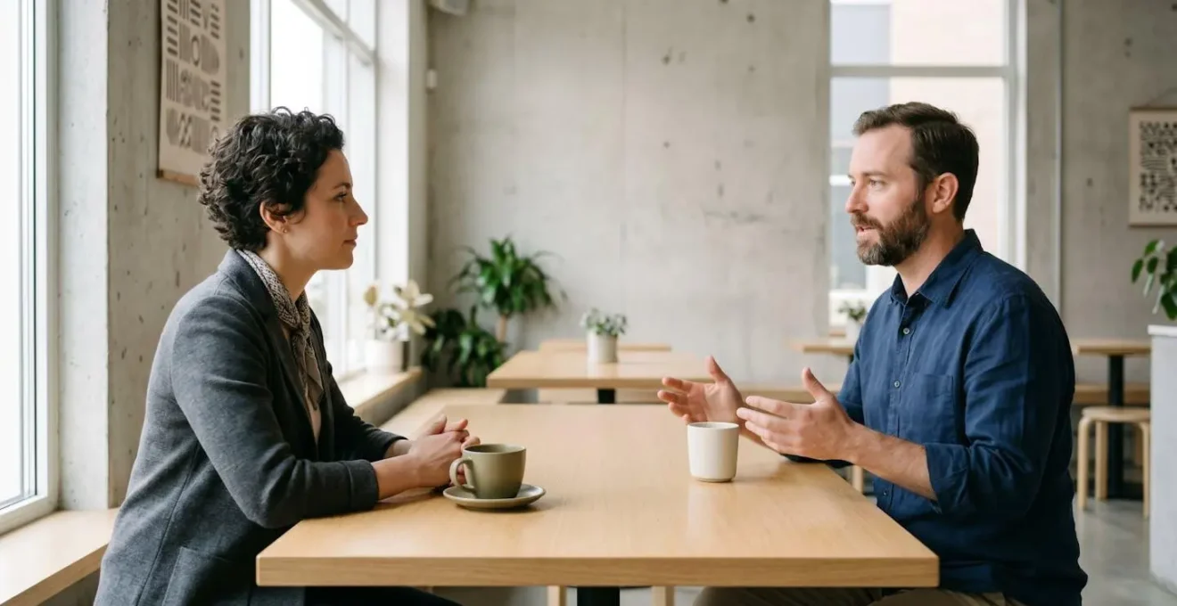 Due professionisti in conversazione profonda durante un caffè, focus sull'ascolto attivo