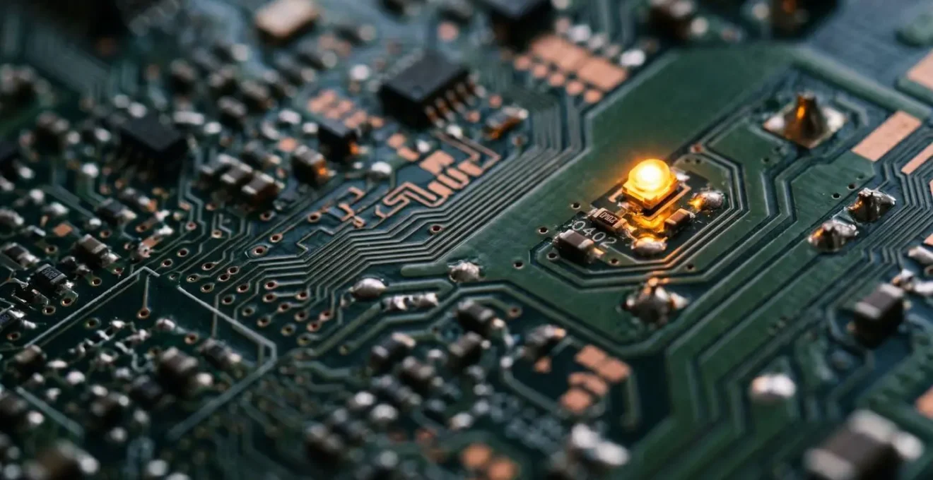 Dettaglio macro di circuito elettronico con led rosso di errore illuminato