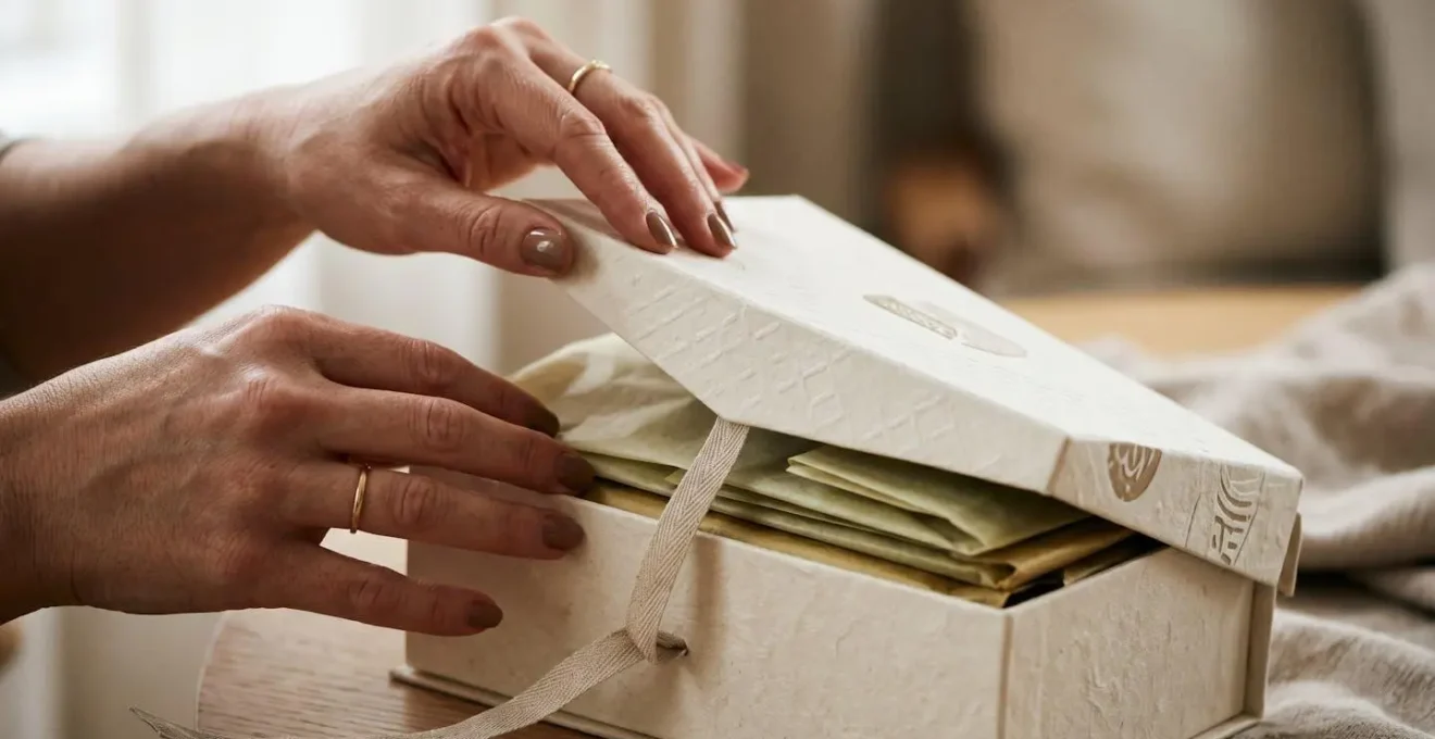 Momento dell'apertura di una confezione alimentare di lusso che rivela texture tattili e dettagli sensoriali