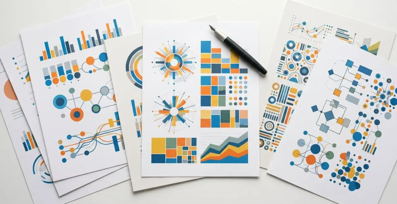 Vista dall'alto di fogli con grafici astratti e pattern geometrici su scrivania minimalista