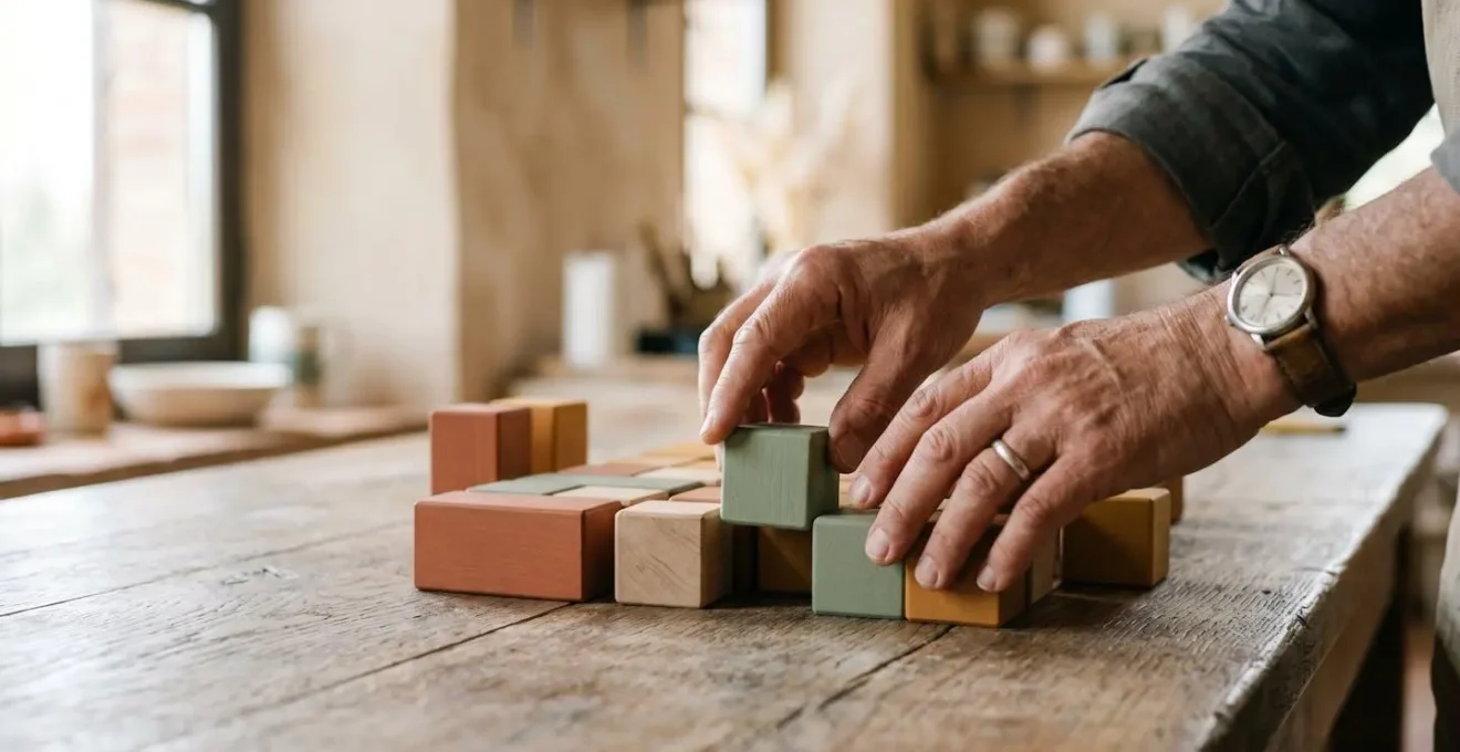Visualizzazione organizzata di flussi di lavoro e processi interconnessi, simboleggiata da mani che dispongono blocchi di legno.
