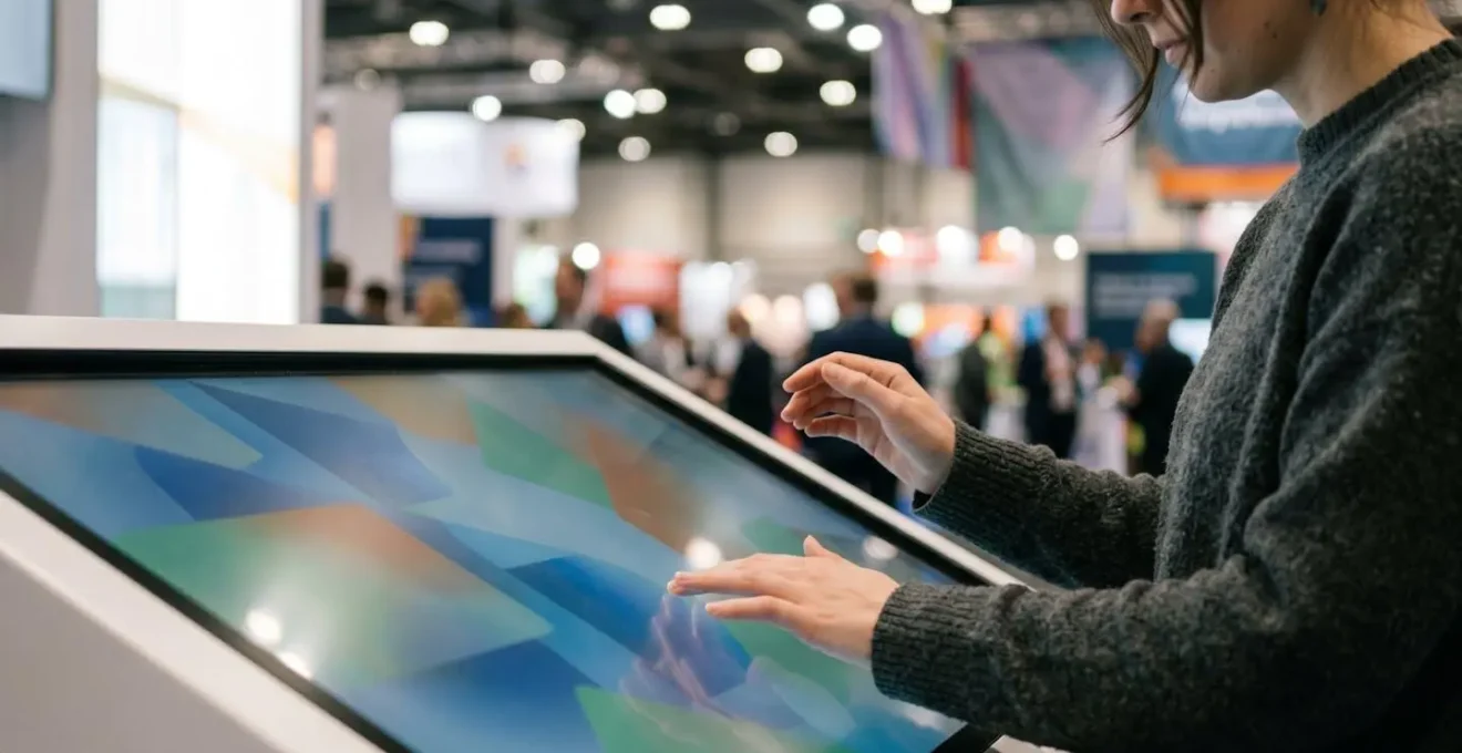 Interazione umana autentica con interfaccia tecnologica in ambiente fieristico contemporaneo